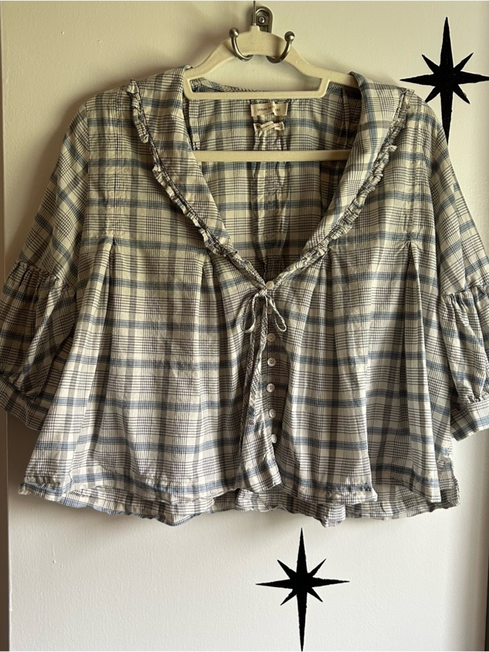 Urban Outfitters Plaid Ruffle Tie-Front Blouse in Cream and Blue